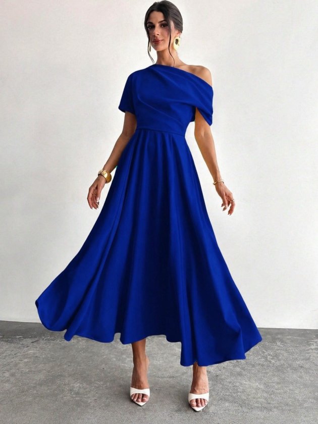 Women's Off-Shoulder Short Sleeve Pleated Shoulder Long Janjan Crepe Dress