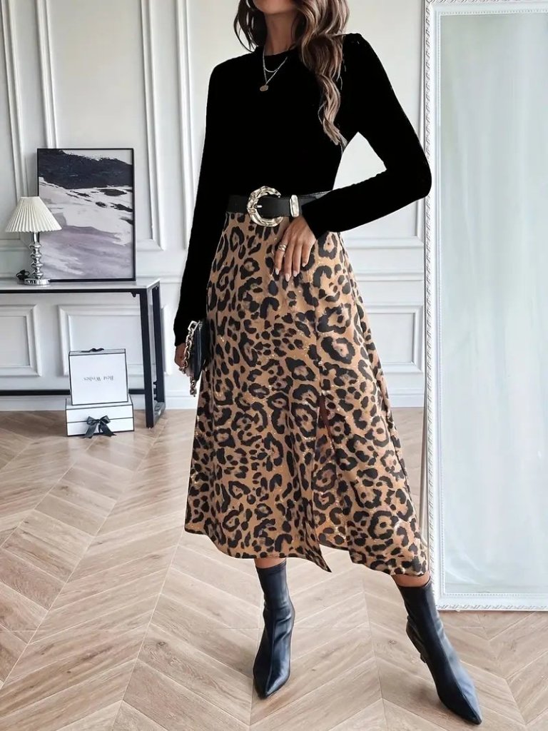 Women's Long Sleeve Crew Neck Imported Crepe Blouse with Patterned Modal Midi Dress