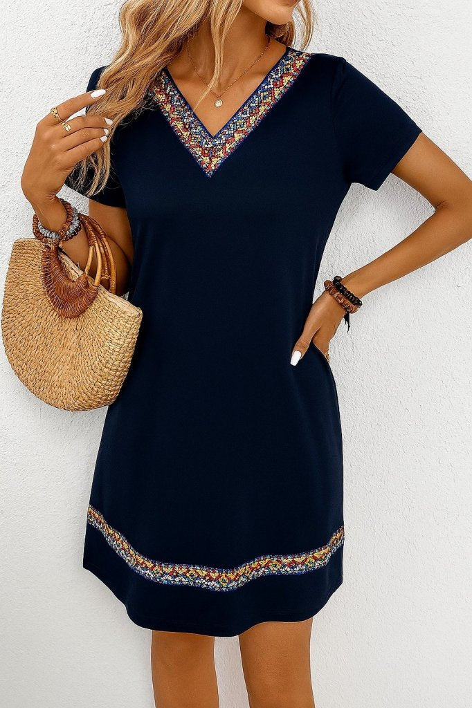 Women's Short Sleeve V Neck Ethnic Pattern Stripe Detail Viscose Dress