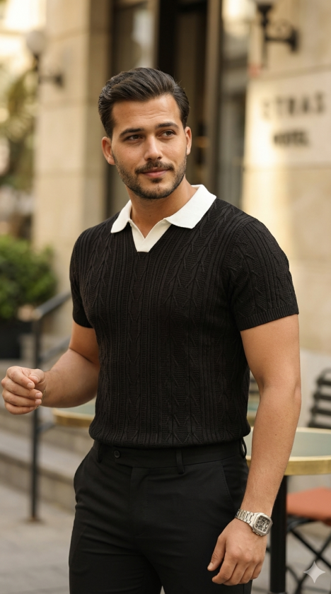 Men's Patterned Short Sleeve Knit T-Shirt - 100% Cotton Acrylic