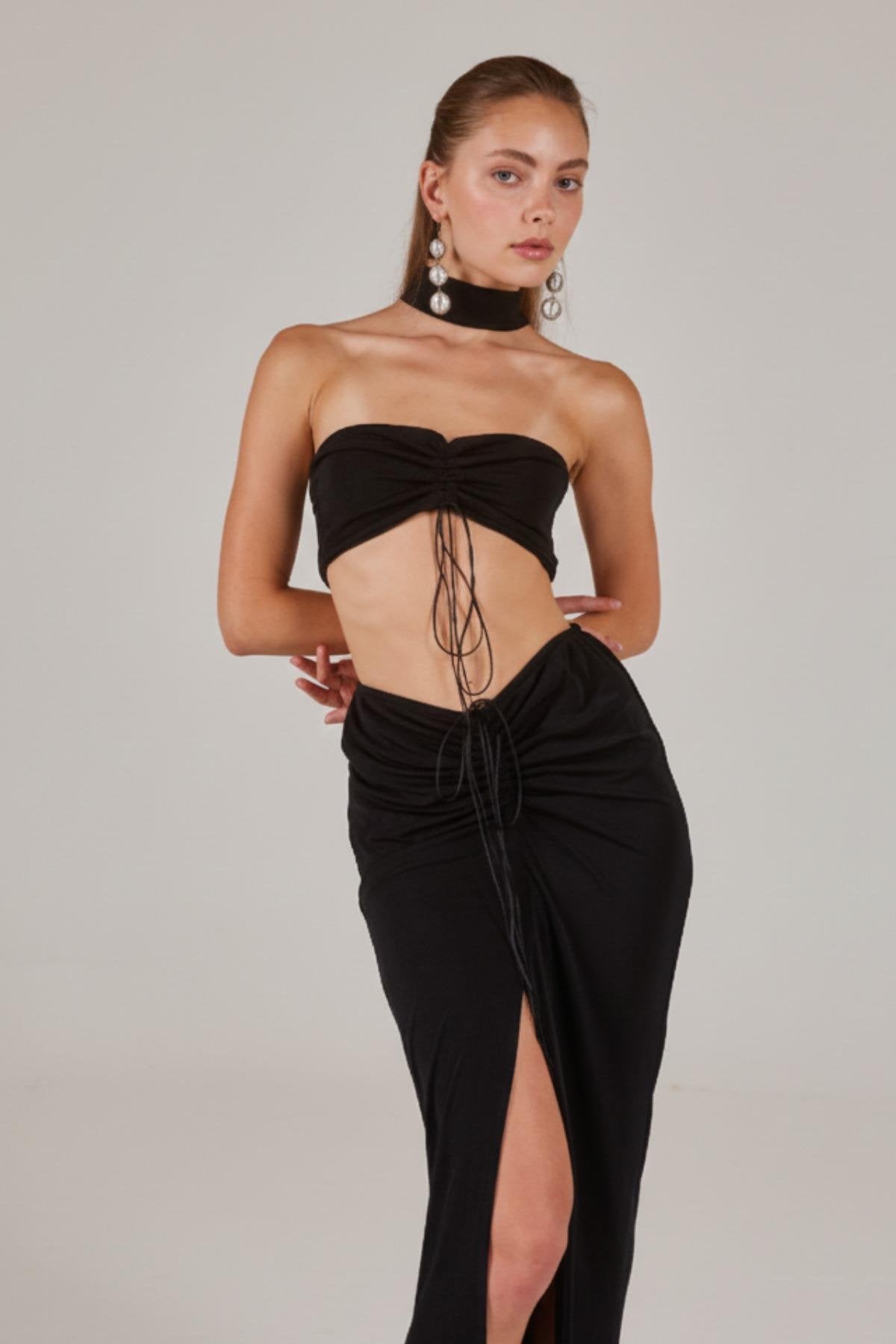 Buzzy Kumaş Yırtmaçlı Maxi Hestia Etek Siyah