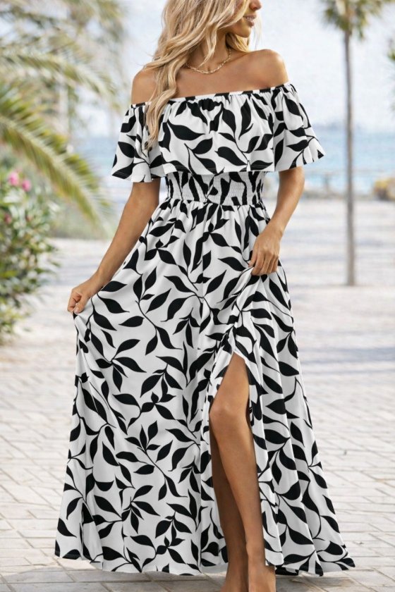 Women's Madonna Collar, Chest Elastic, Slit, Long Patterned Supreme Dress