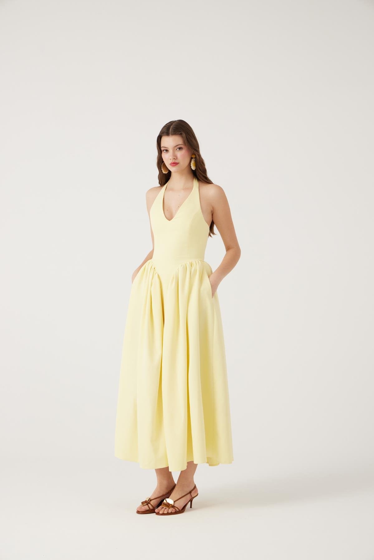 Boyundan Bağlamalı Bele Oturan Uzun Ophelia Elbise Sarı