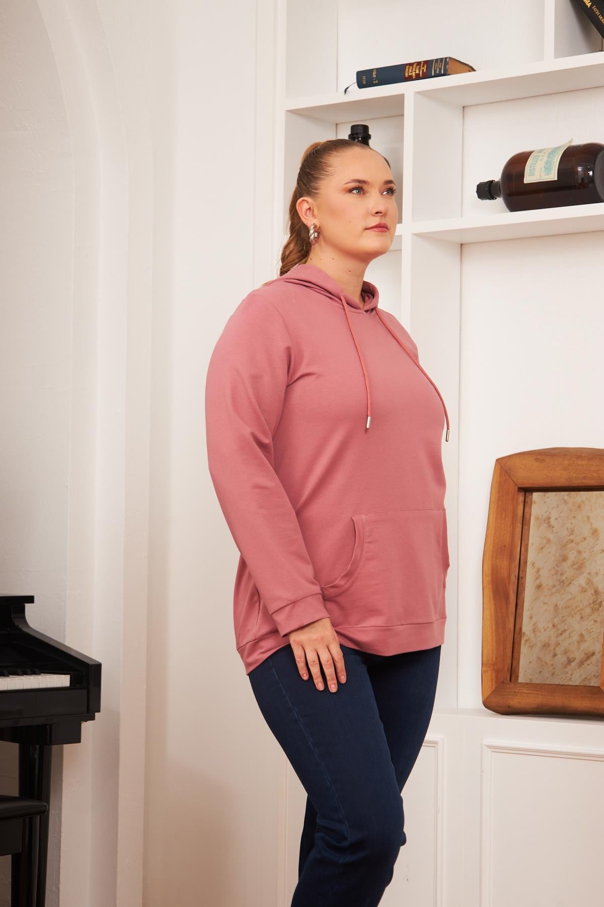 Kapşonlu Büyük Beden Gülkurusu Sweatshirt