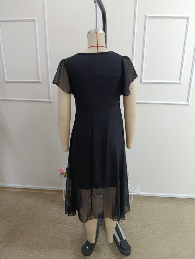 Women's Short Sleeve V-Neck Midi Lined Chiffon Dress