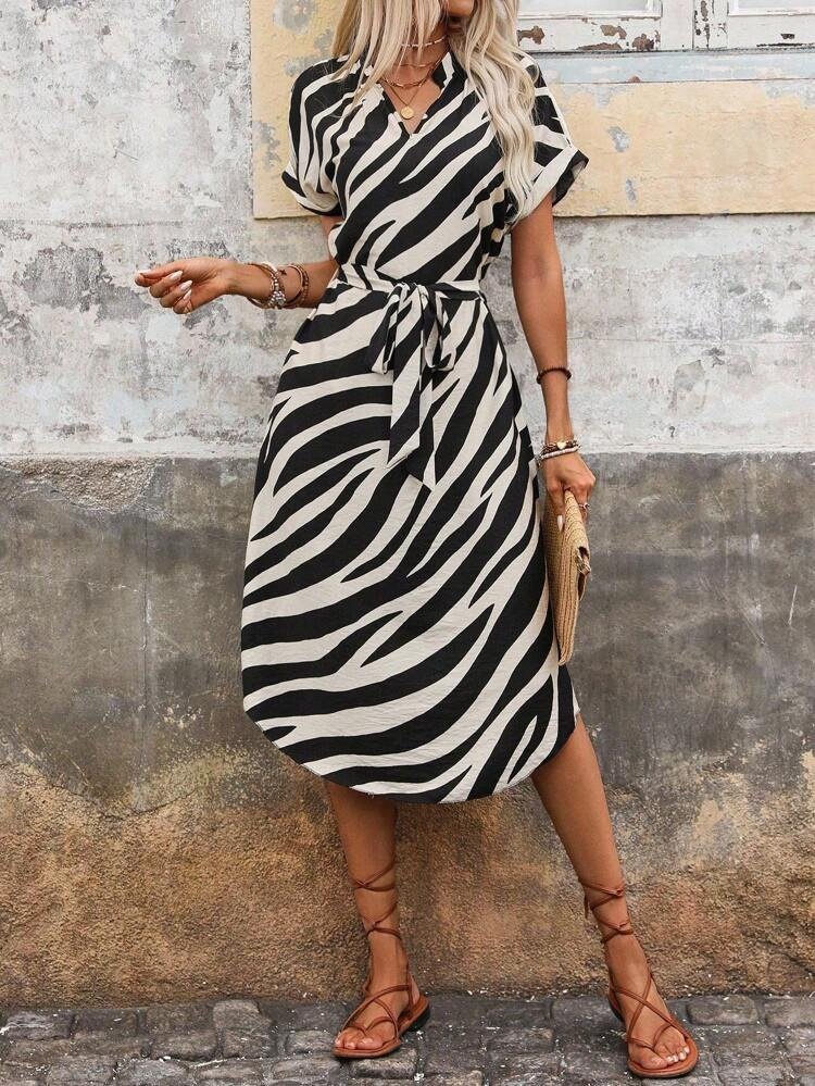 Women's Short Sleeve V-Neck Zebra Print Midi Supreme Dress