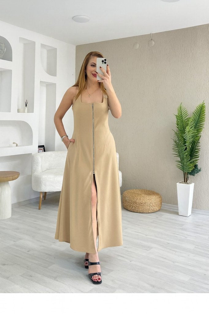 Women's Strappy Square Neck Front Zipper Wide Cut Ruffled Crepe Dress