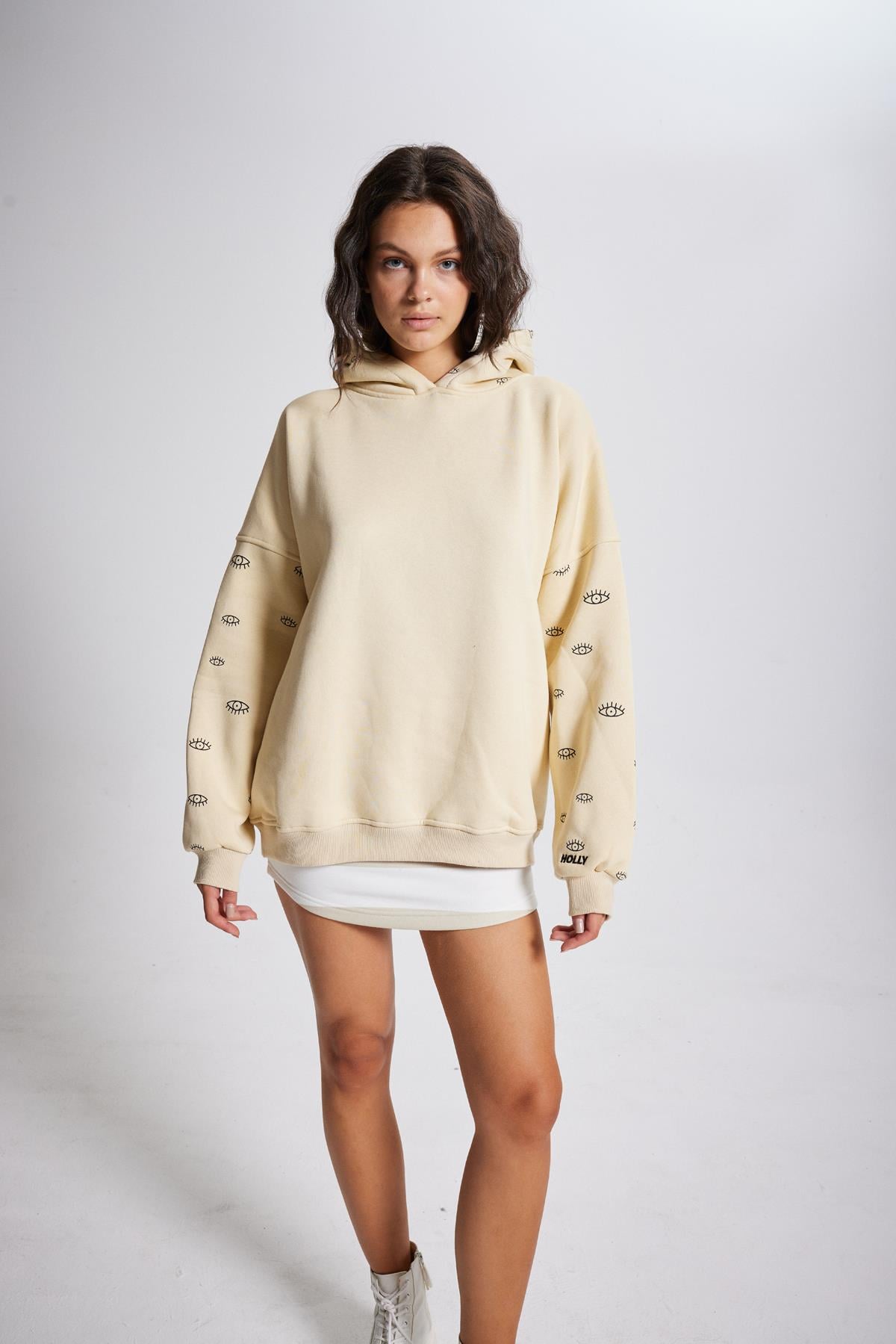 Oversize Kapüşonlu Unisex Eye Sweat Bej