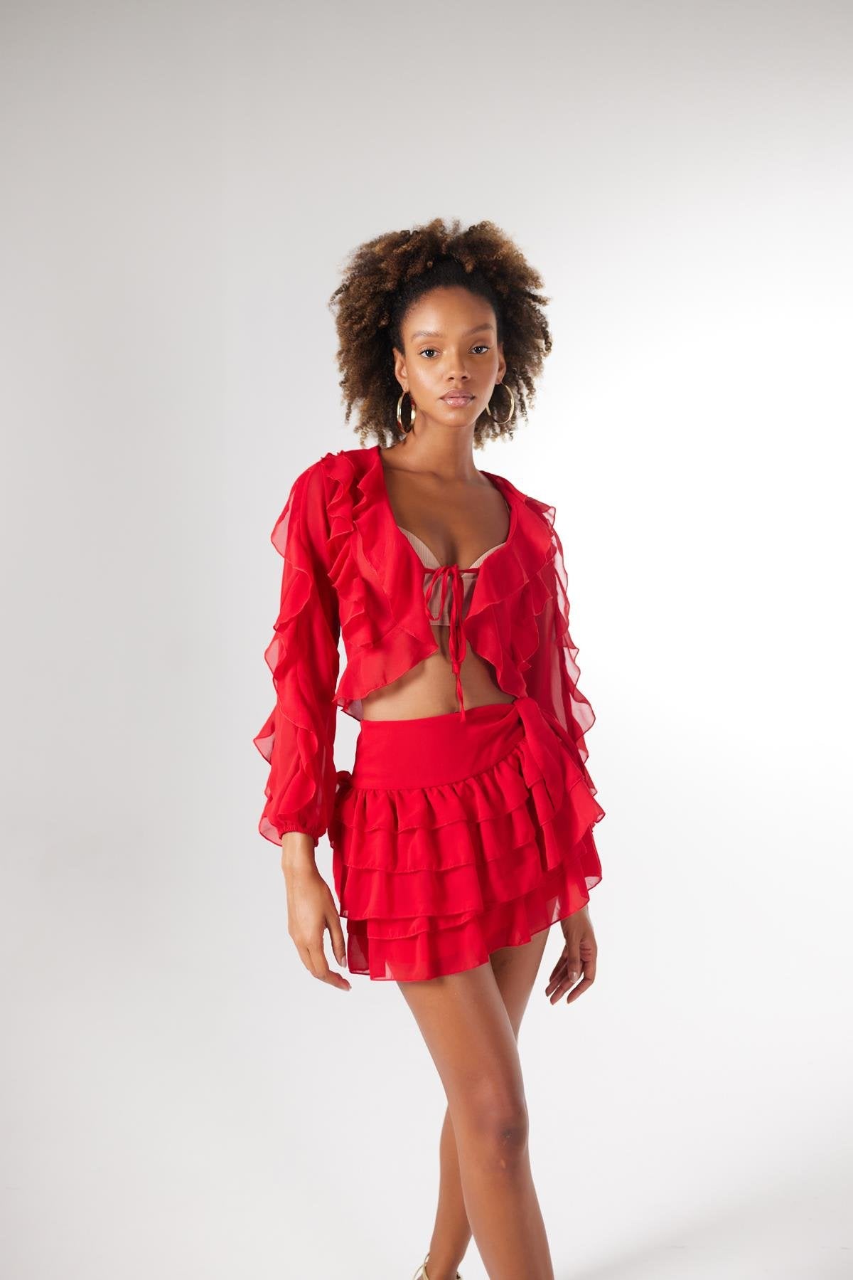 Crop Model Bağlamalı Kol Detaylı Elsa Bluz Kırmızı