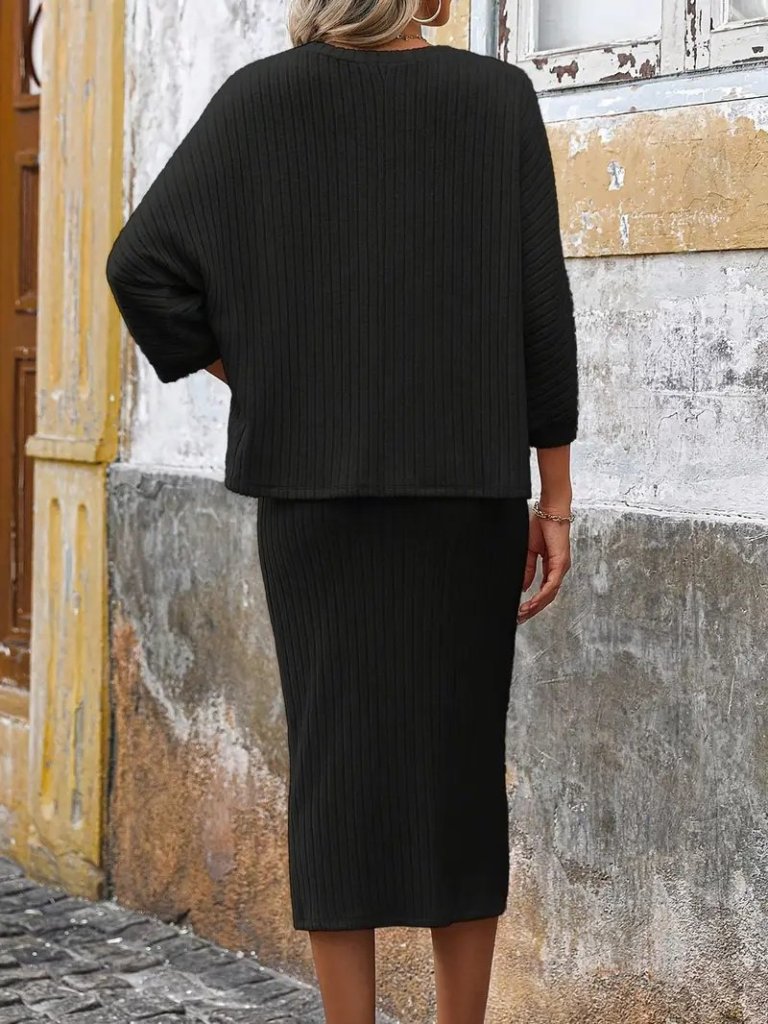 Women's Long Sleeve Round Neck Fleece Ribbed Blouse and Skirt Two-Piece Set