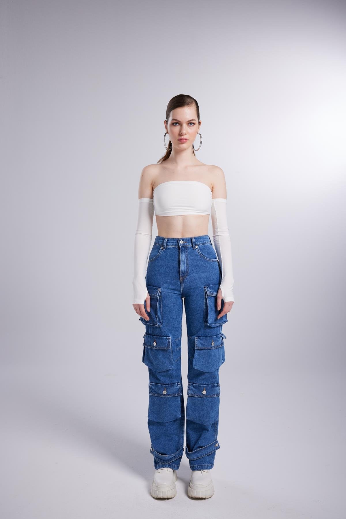 Yüksek Bel Wide Leg Cargo Jean Pantolon Mavi