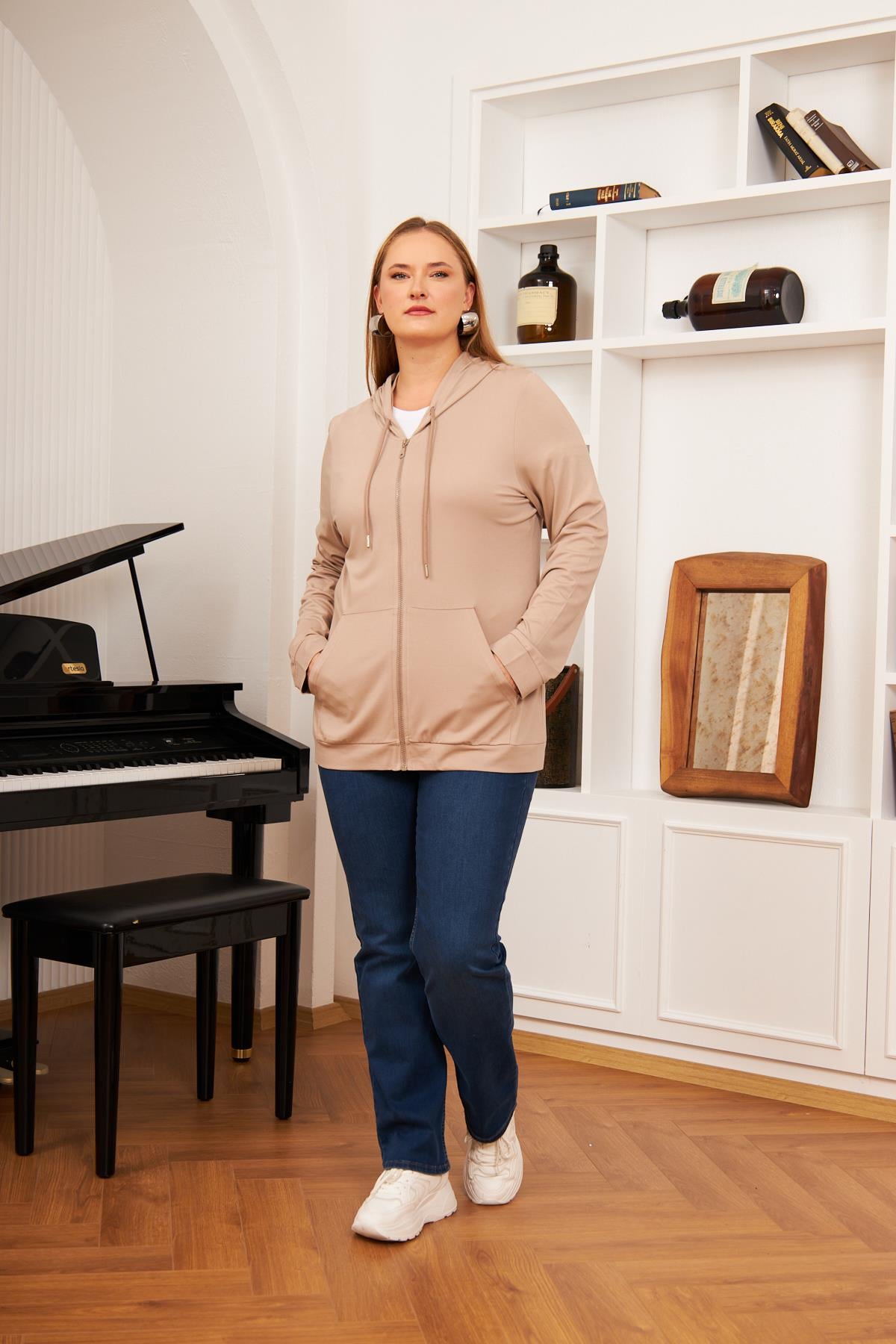 Büyük Beden Modal Sweatshirt Hırka Vizon