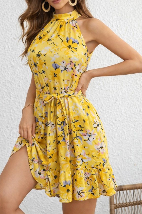 Women's Off-Shoulder Turtleneck Belted Patterned Short Supreme Dress