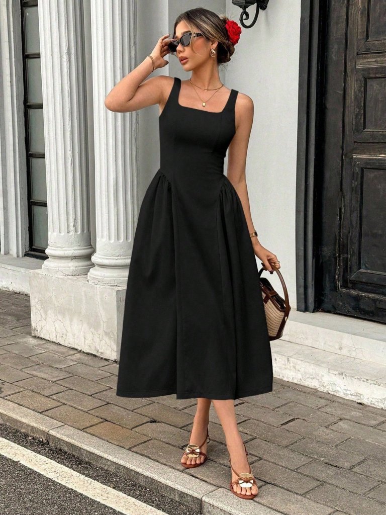 Women's Spaghetti Strap Square Neck Long Imported Crepe Dress