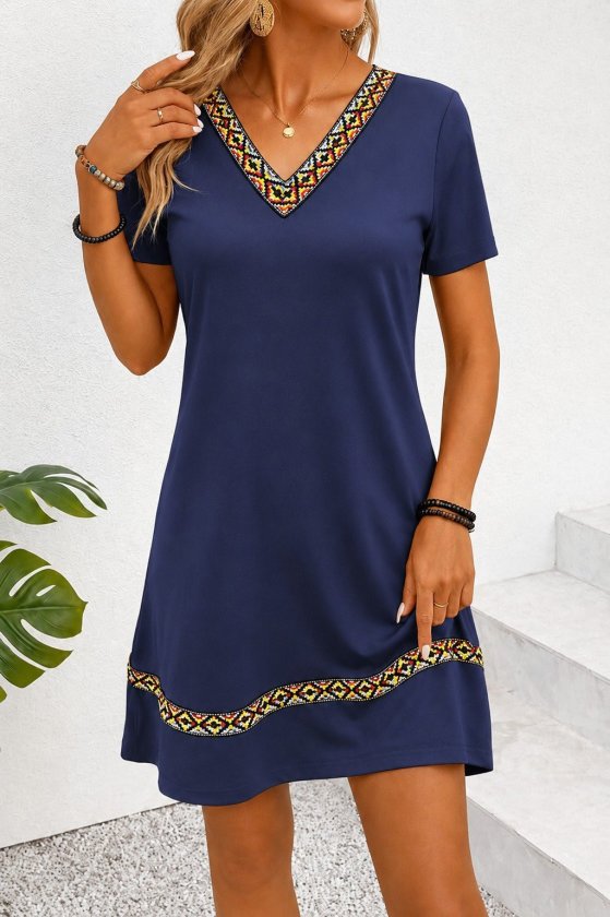 Women's Short Sleeve V Neck Ethnic Pattern Stripe Detail Viscose Dress