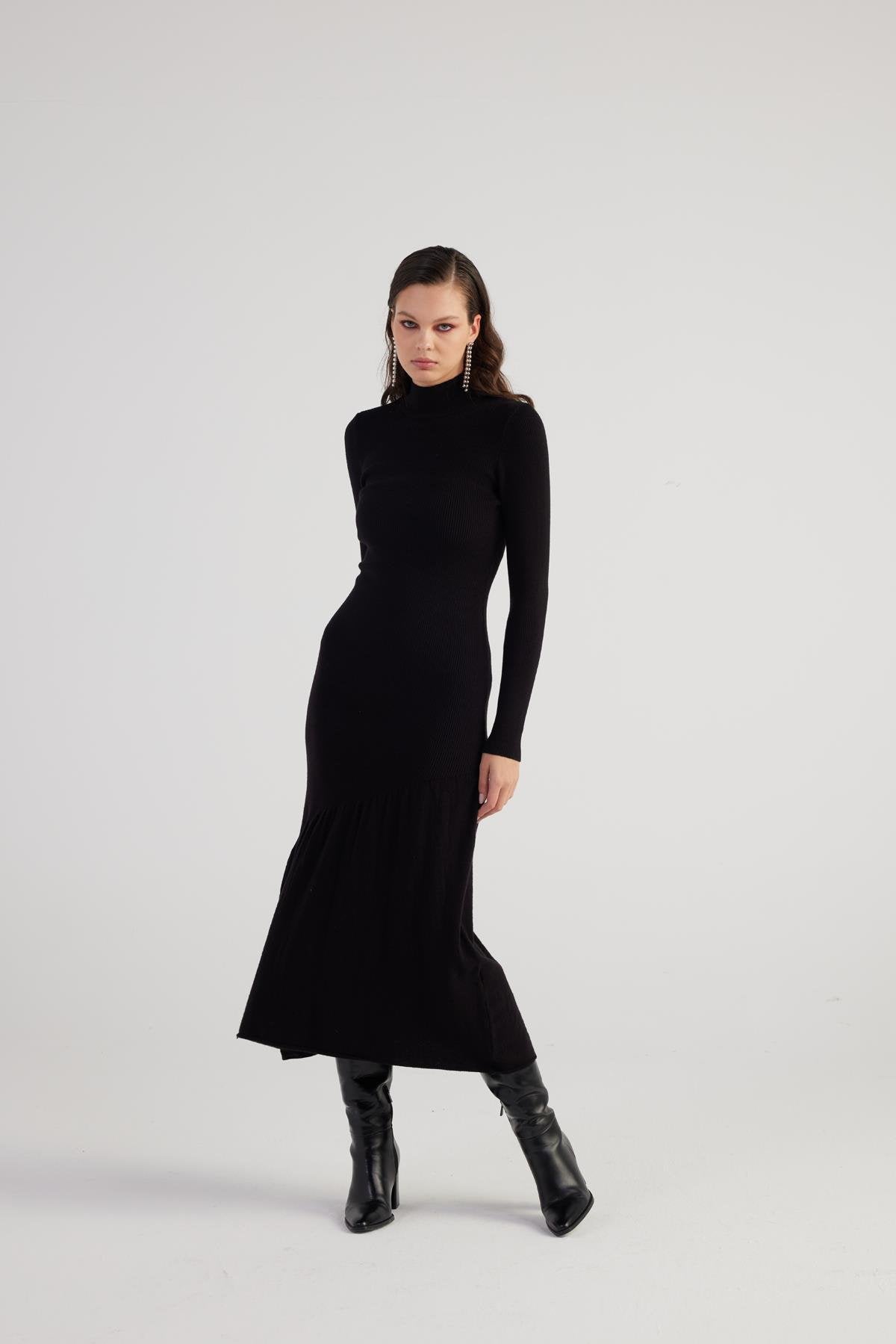 Balıkçı Yaka Özel Dokulu Midi Sally Triko Elbise Siyah Siyah STD