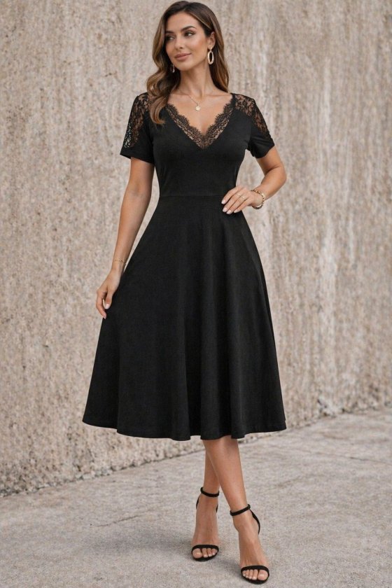 Women's Short Sleeve V Lace Neck Midi Viscose Dress