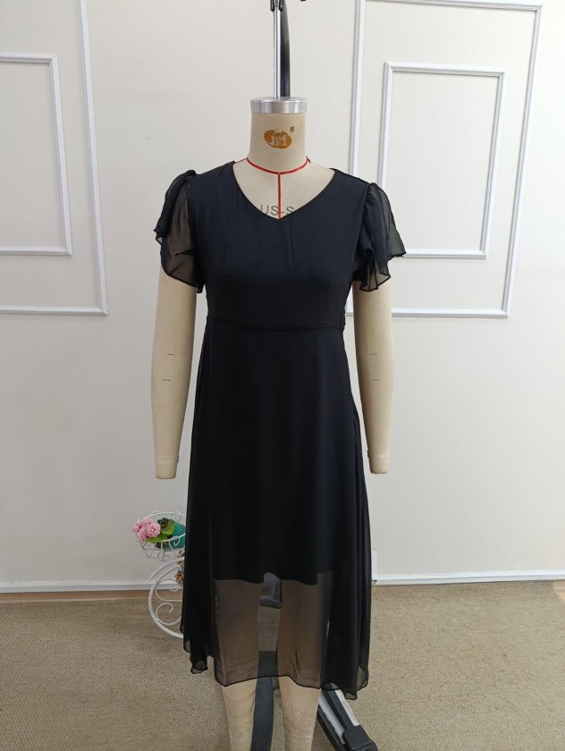 Women's Short Sleeve V-Neck Midi Lined Chiffon Dress