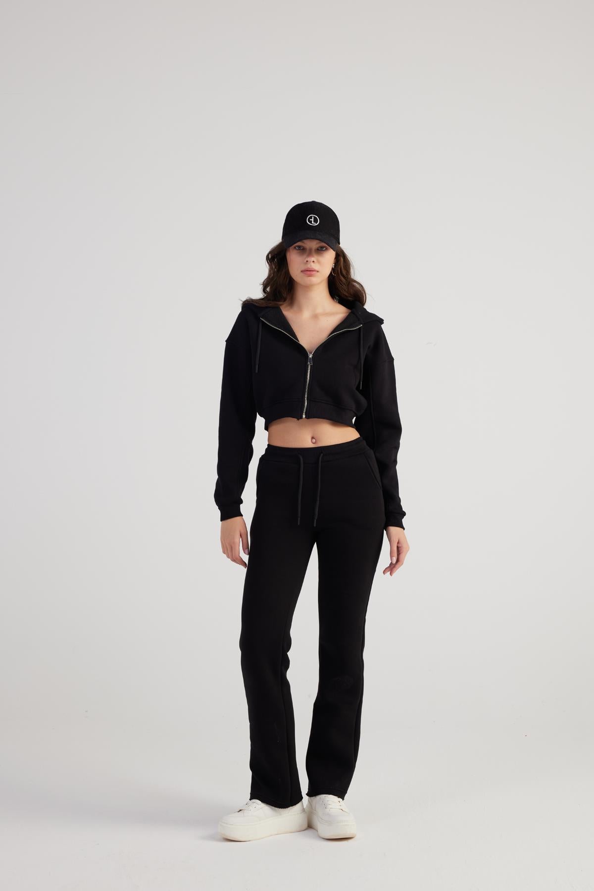 Kadın Siyah Yüksek Bel Straight Kesim Şardonlu Mixed Eşofman Altı