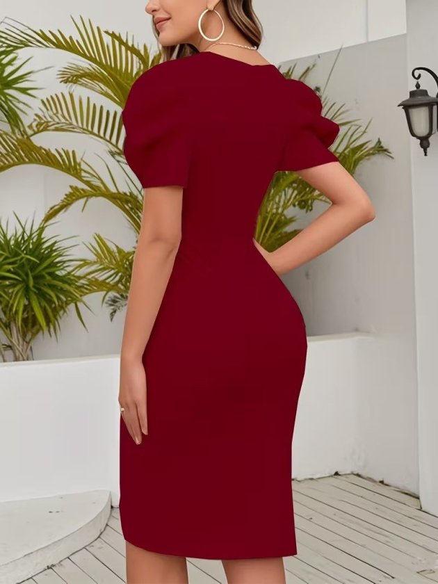 Women's Short Sleeve Wrap Collar Asymmetric Cut Detail Short Imported Crepe Dress