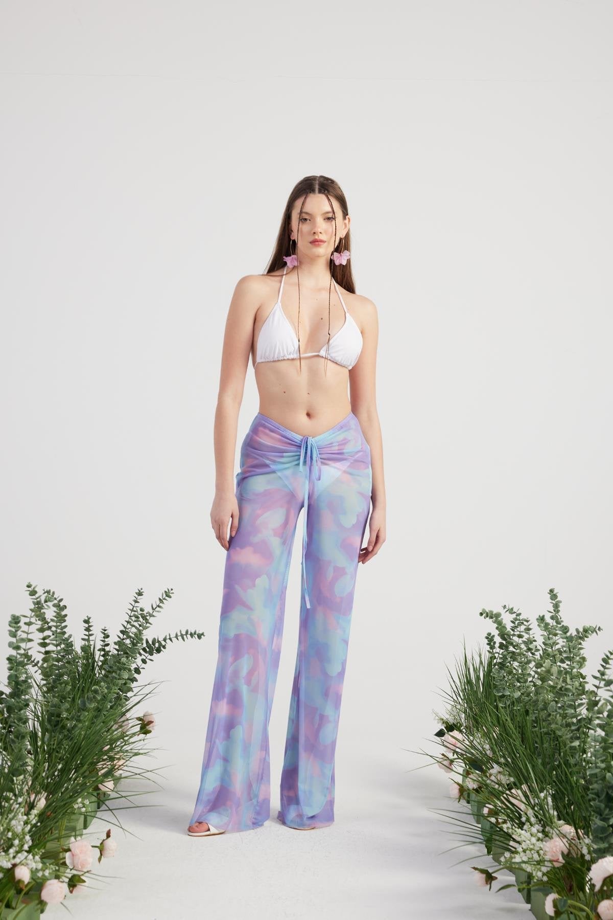 Beli İp Detaylı Tül Pareo Shirred Pantolon Lila Lila L