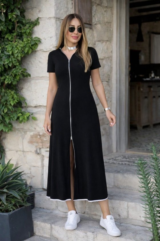Women's Short Sleeve Open Neck Front Zipper Flared Midi Viscose Dress