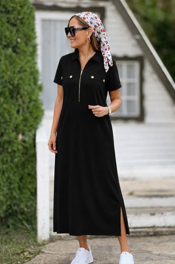 Women's Short Sleeve Collared Long Viscose Double Thread Dress with Zipper