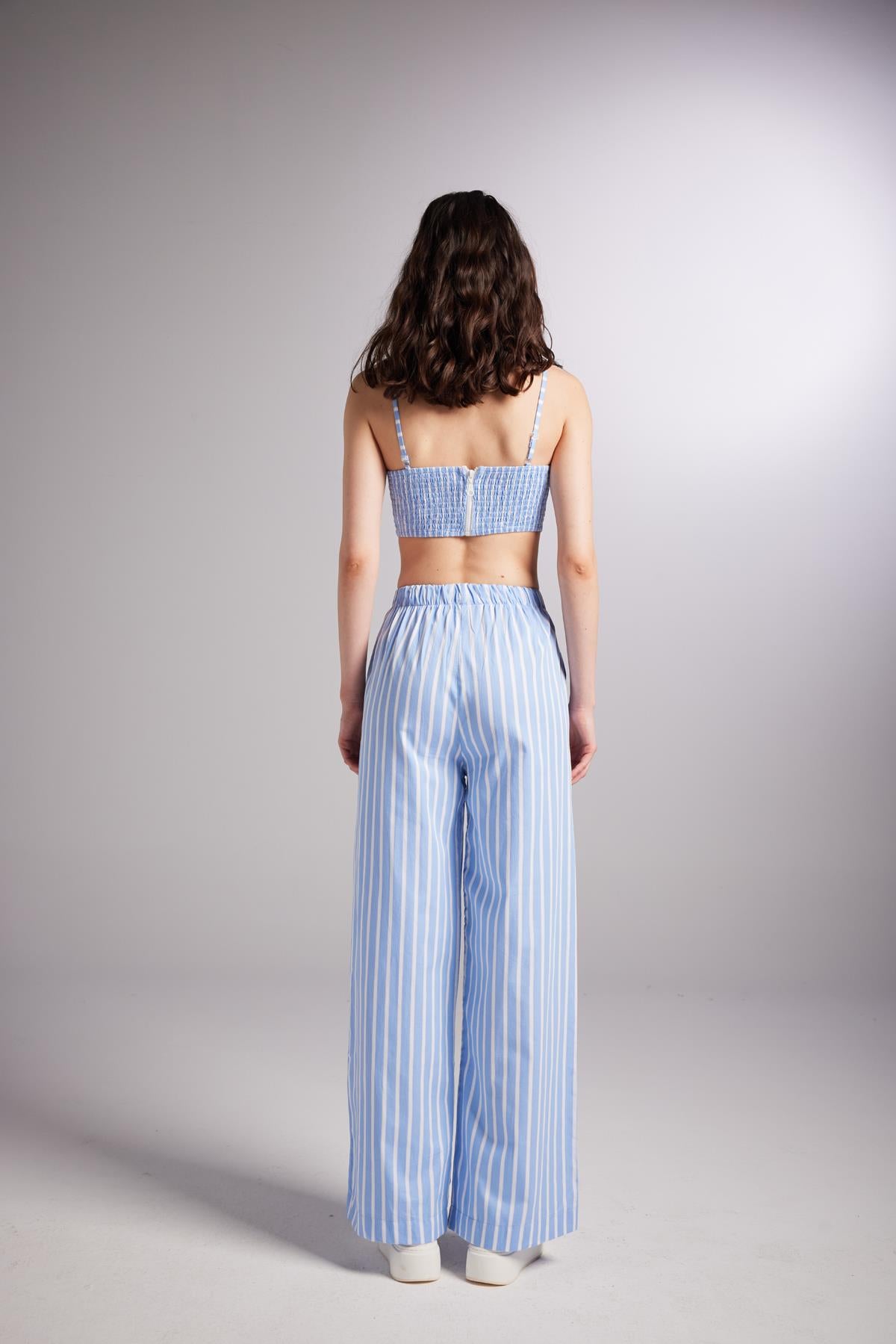 Beli Lastikli Çizgili Harmony Poplin Pantolon Mavi