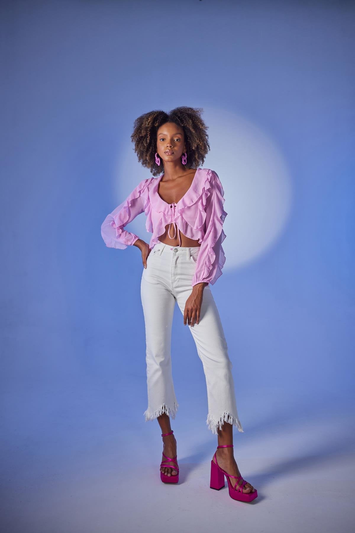 Crop Model Bağlamalı Kol Detaylı Elsa Bluz Pembe