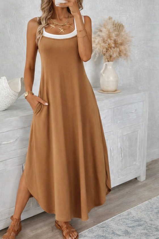 Women's Spaghetti Strap Round Neck Pocket Long Viscose Dress