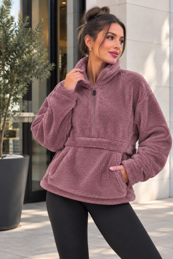 Kadın Yarım Fermuarlı Kanguru Cepli Peluş Wellsoft Sweatshirt