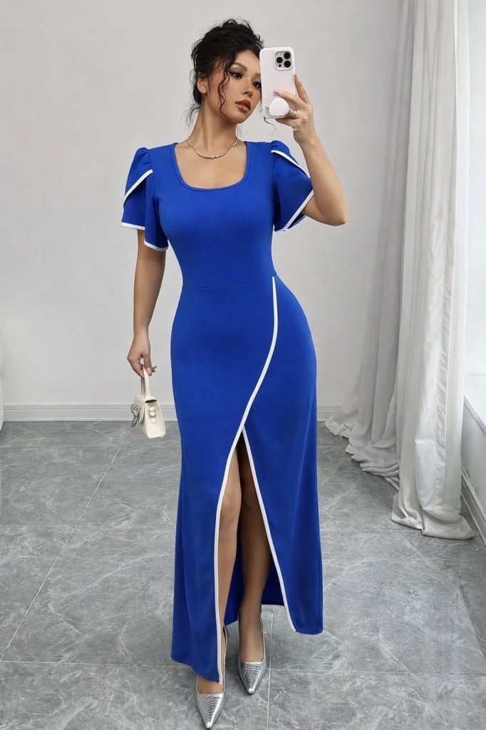 Women's Short Sleeve Square Neck Front Cross Cut Detail Crepe Dress