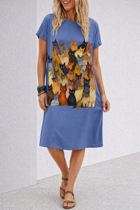 Short-Sleeve Crew-Neck Cat-Print Midi Viscose Dress