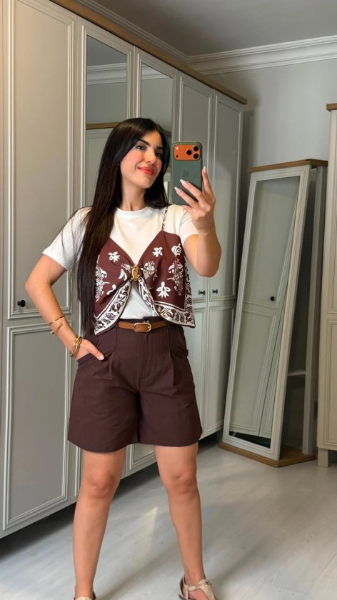 Kadın şal Desen Detay Bluz Ve Keten şort Ikili Takım
