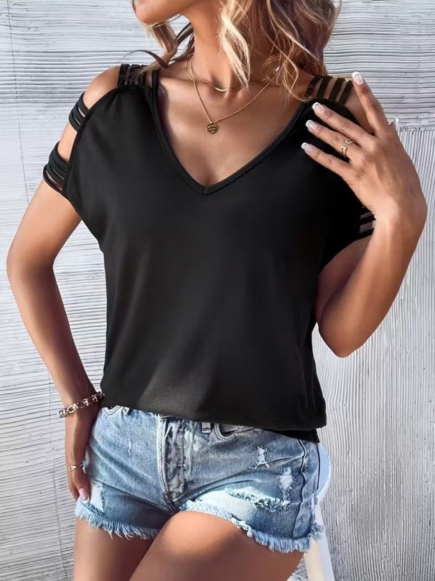 Women's Short Sleeve V Neck Stripe Detail Viscose Blouse