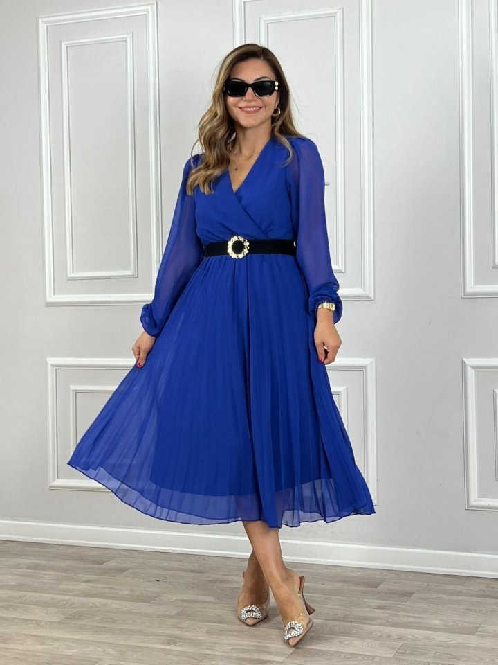 Women's Chiffon Fabric Lined Flared Cut Wrap Neck Midi Dress
