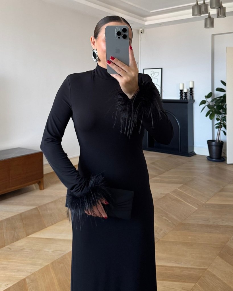 Women's Long Sleeve Turtleneck Sleeve Cuff Feather Detail Long Crepe Dress