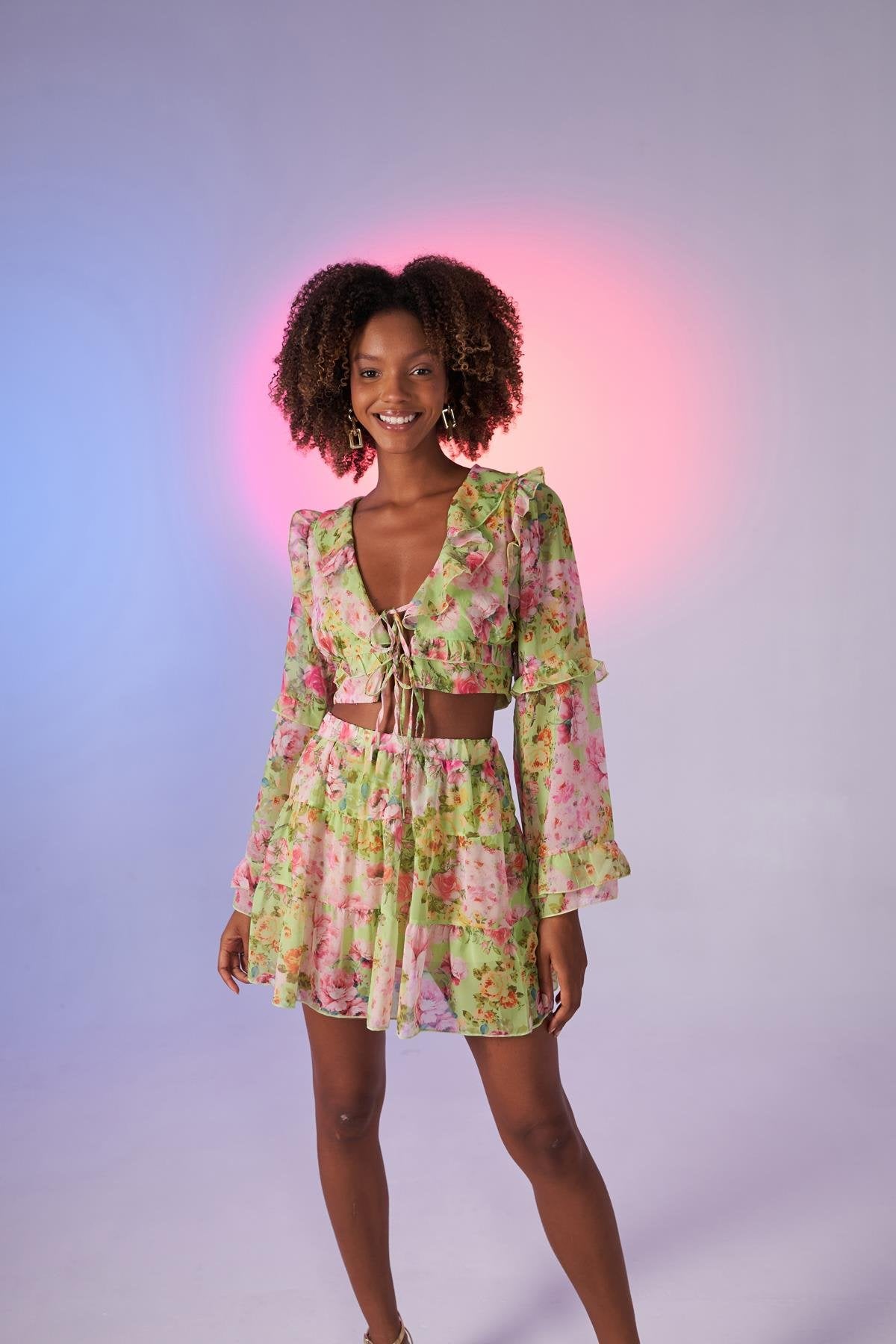 Çiçek Desenli Lastikli Yüksek Bel Mini Flora Etek Yeşil Yeşil L