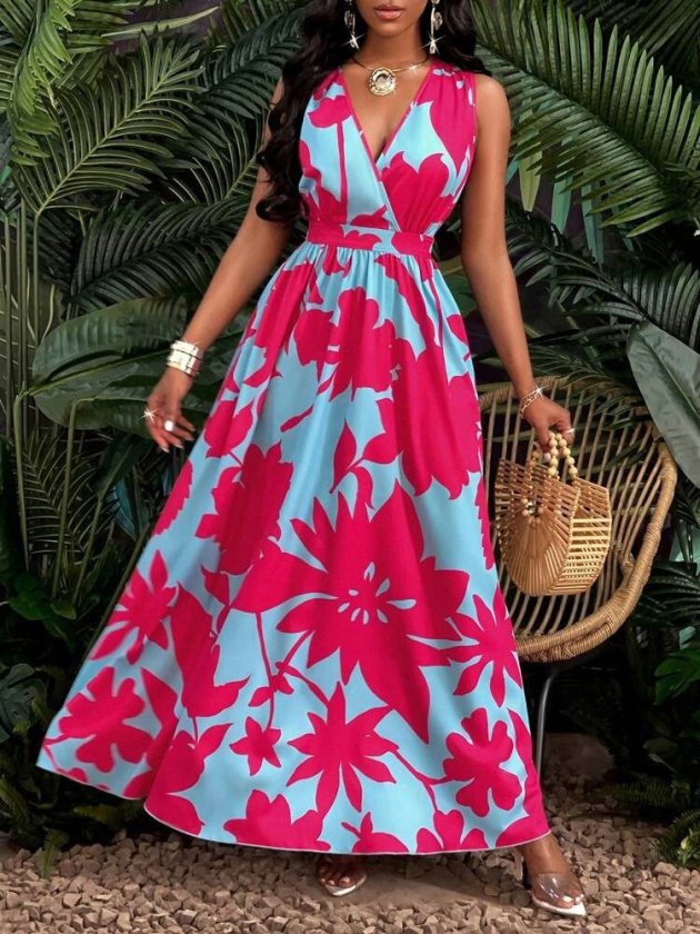 Women’s Strappy Wrap Neck Floral Pattern Long Supreme Dress