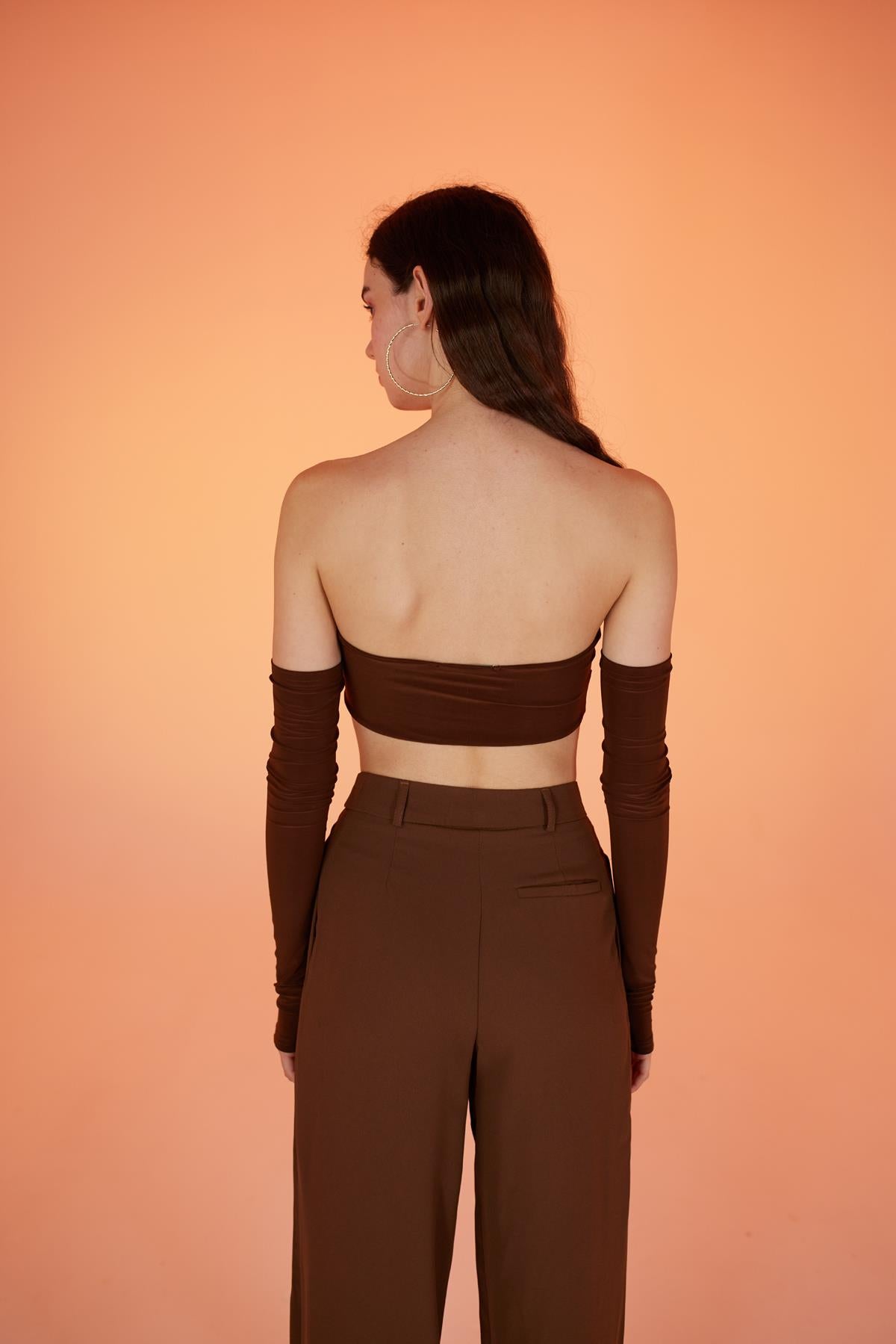 Straplez Model Kol Detaylı Noir Bluz Kahverengi