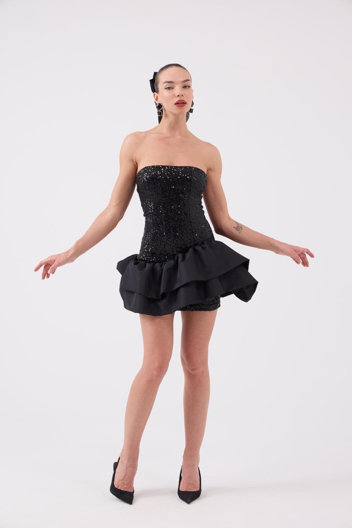 Payetli Mini Frencesca Elbise Siyah Siyah L