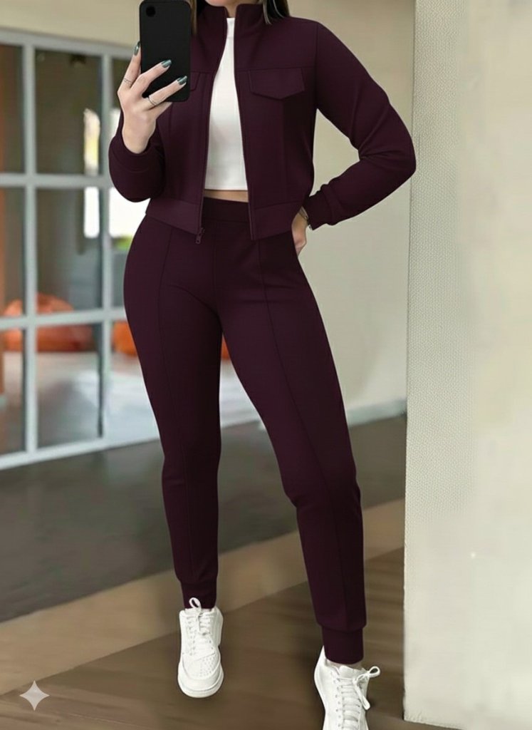 Women's Long Sleeve Front Zipper Short Modal Purple Jacket and Pants Two-Piece Set