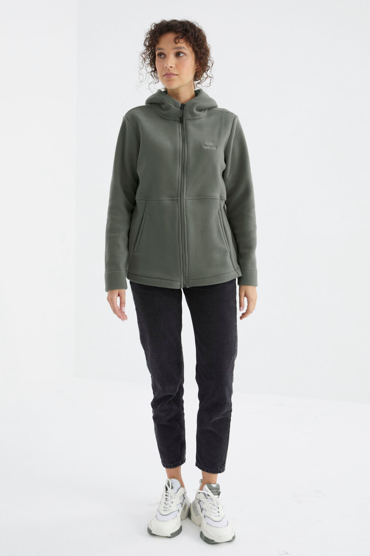 Çağla Kapüşonlu Fermuarlı Rahat Form Kadın Polar Sweatshirt - 97233