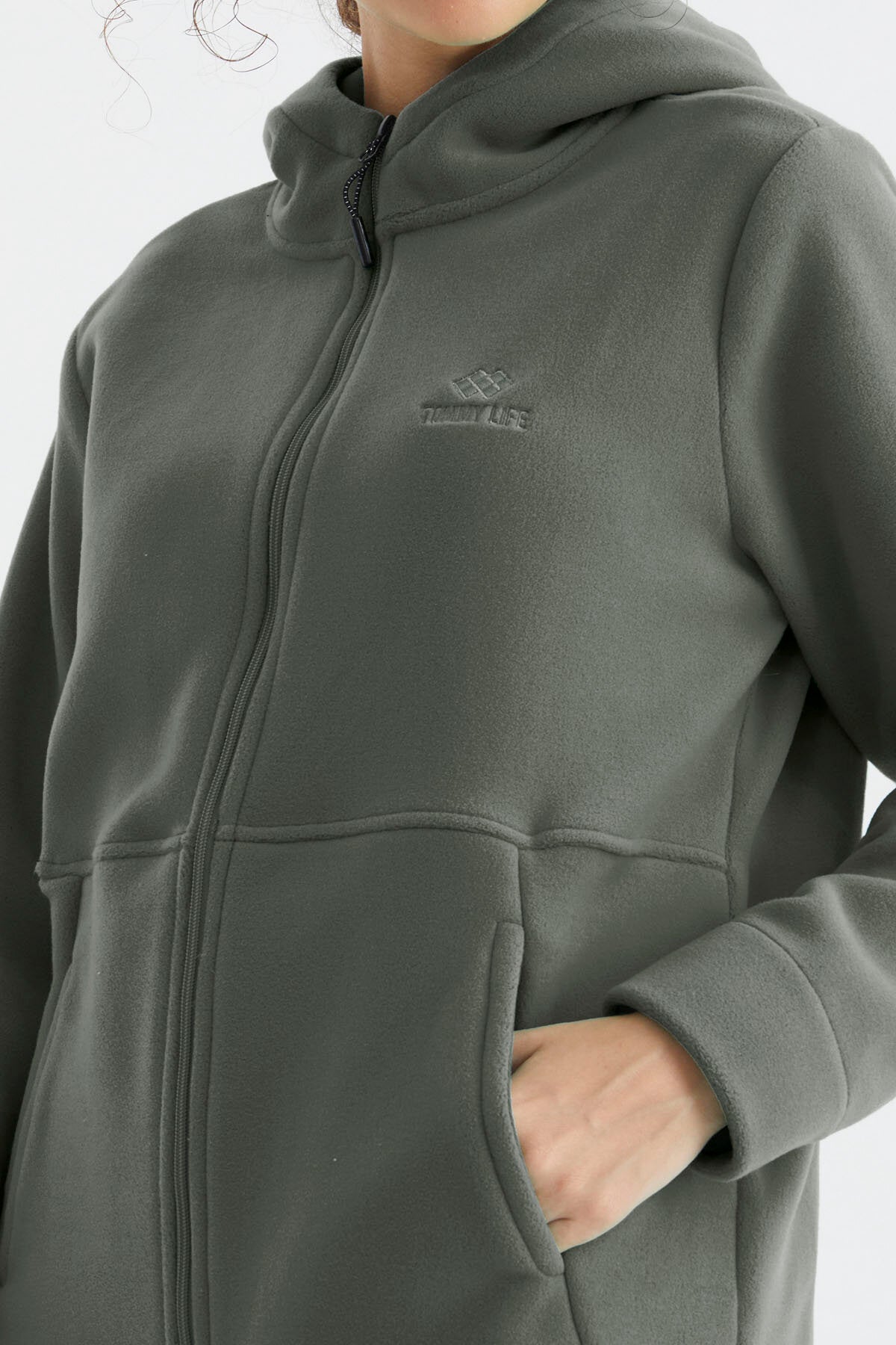 Çağla Kapüşonlu Fermuarlı Rahat Form Kadın Polar Sweatshirt - 97233