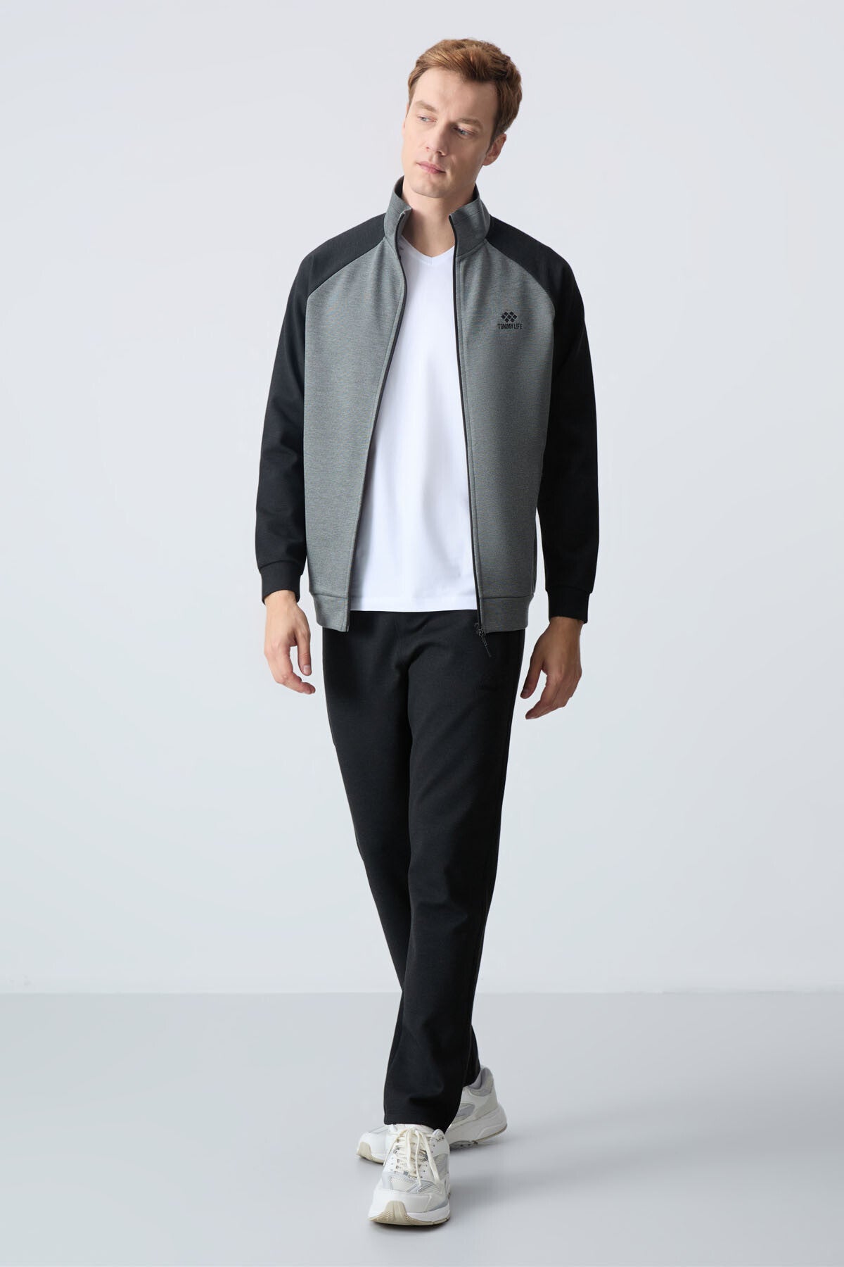 Çağla siyah Dik Yaka Çift Renk Rahat Form Klasik Paça Erkek Eşofman Takımı - 85113