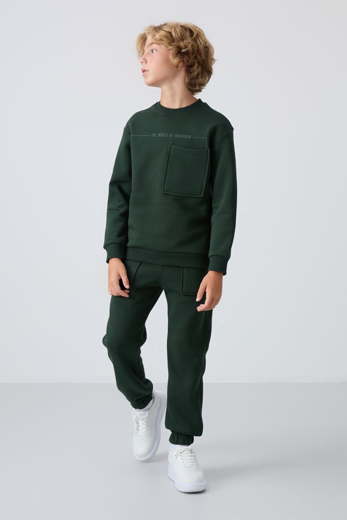 Çam Yeşil Pamuklu Kalın İçi Tüylü Standart Fit Baskılı Erkek Çocuk Eşofman Takım - 11257