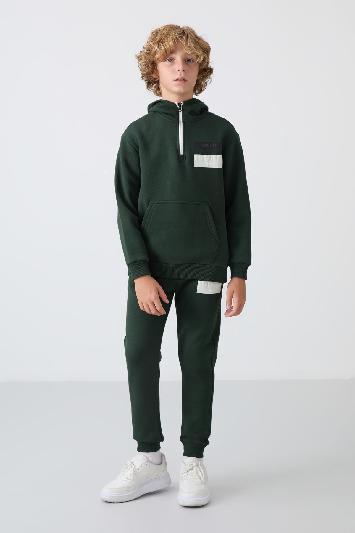 Çam Yeşil Pamuklu Kalın İçi Tüylü Standart Fit Baskılı Erkek Çocuk Eşofman Takım - 11246