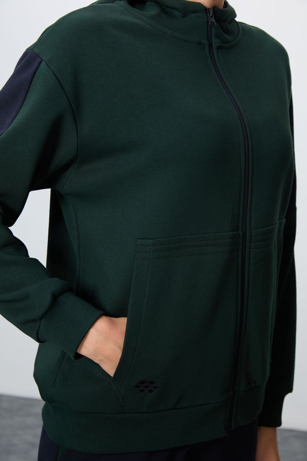 Çam Yeşili-Lacivert Pamuklu Kalın Kapüşonlu Oversize Fit Kadın Eşofman Takım - 95343
