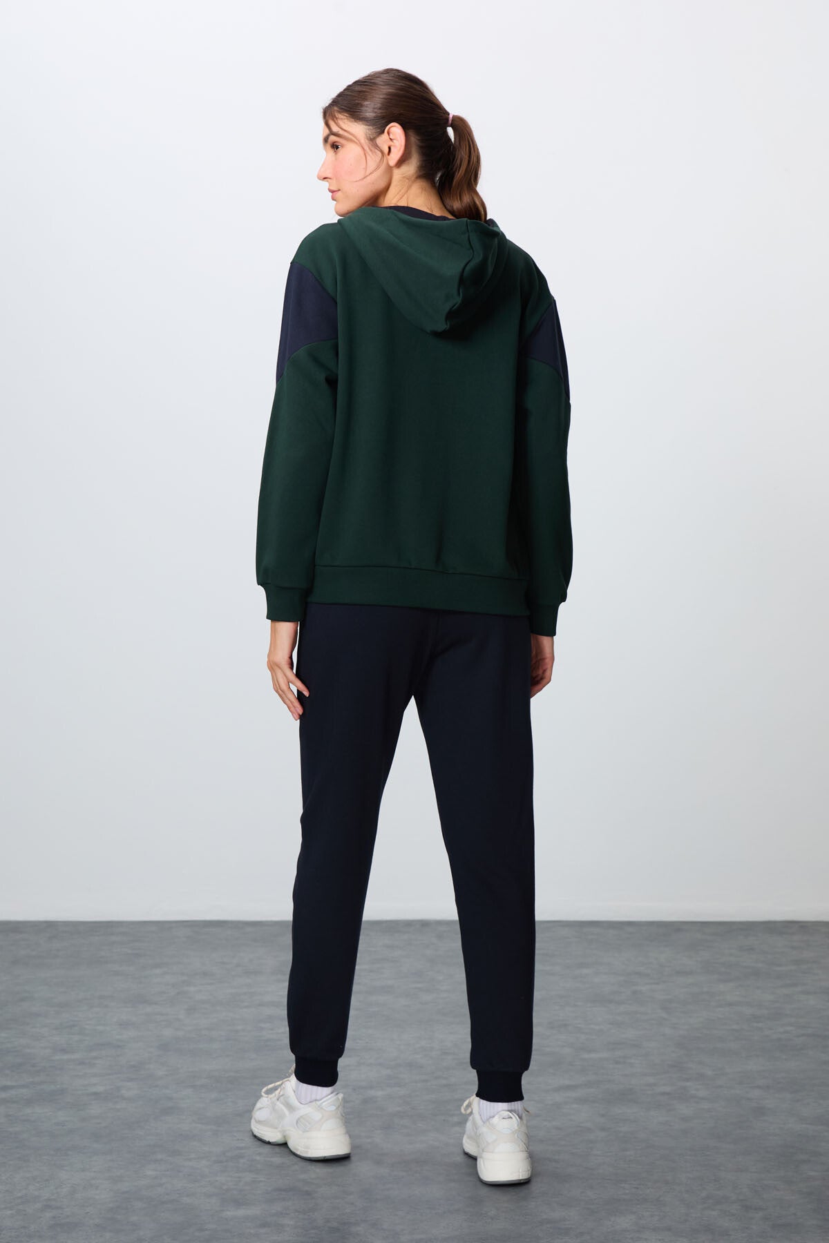 Çam Yeşili-Lacivert Pamuklu Kalın Kapüşonlu Oversize Fit Kadın Eşofman Takım - 95343