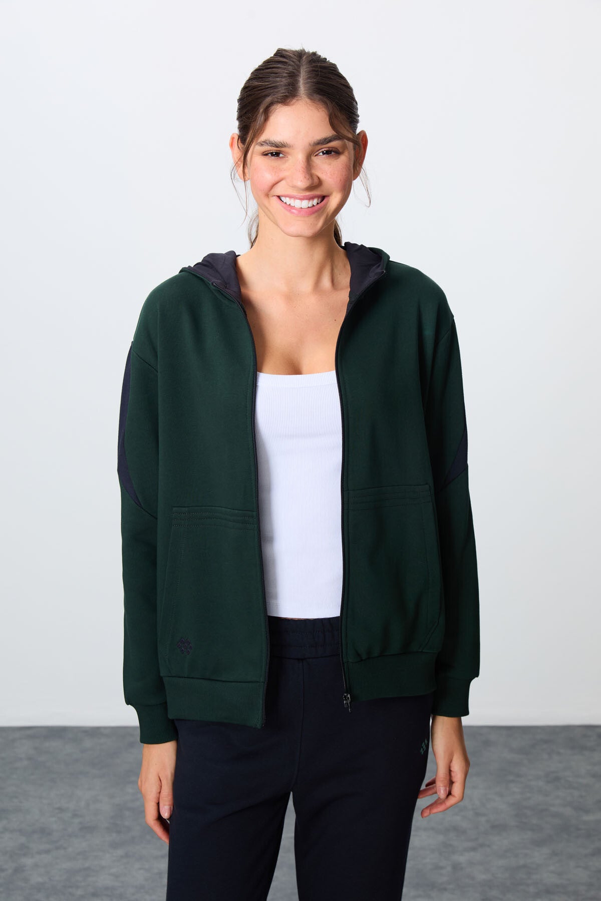 Çam Yeşili-Lacivert Pamuklu Kalın Kapüşonlu Oversize Fit Kadın Eşofman Takım - 95343